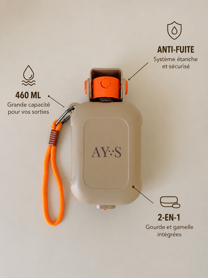 Gourde pour chien portable 460 ml AYOS Club avec gamelle intégrée, système anti-fuite et design compact pour les balades et randonnées.