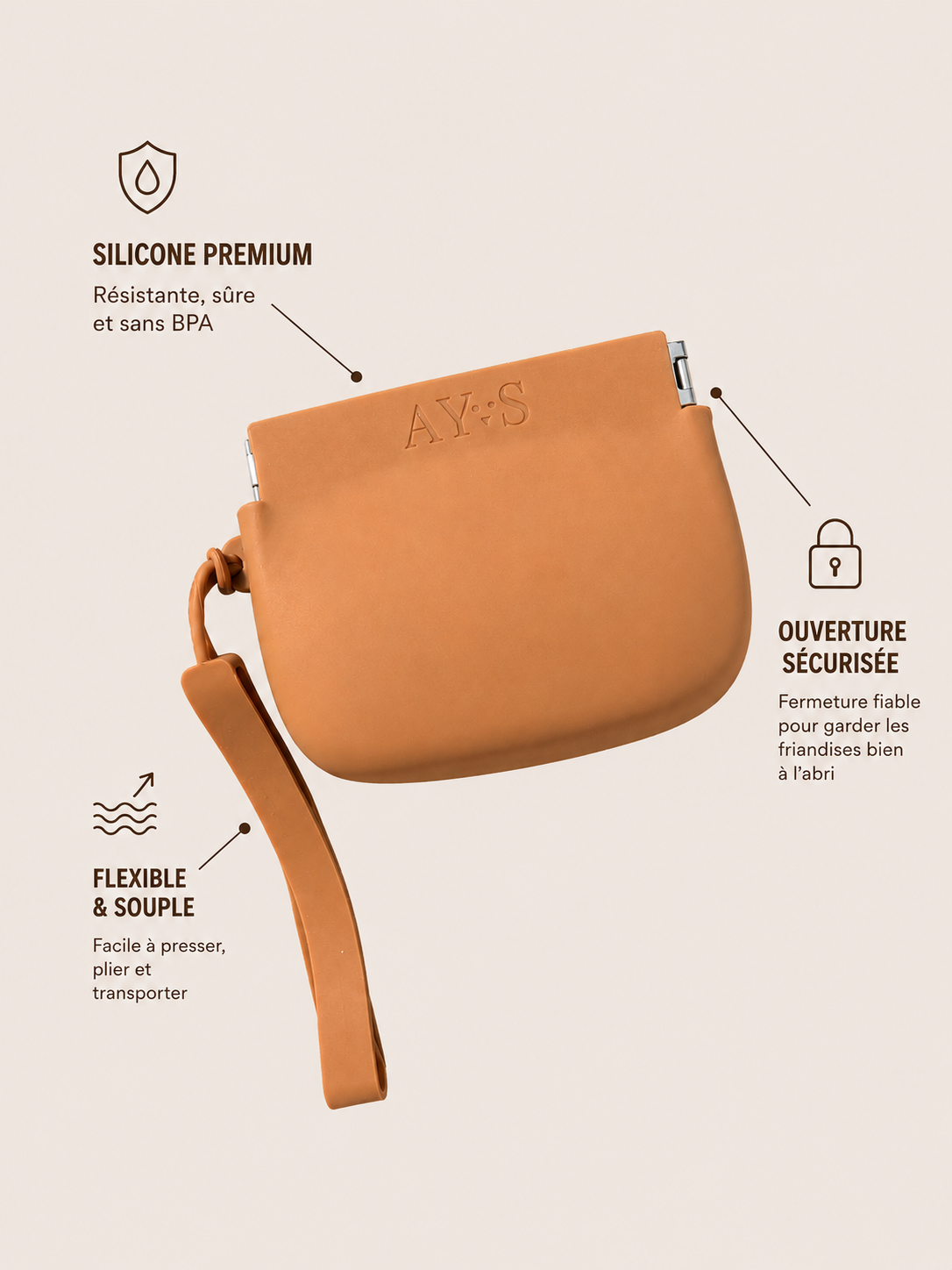 Pochette à friandises pour chien AYOS Club avec silicone alimentaire premium, matière flexible et fermeture sécurisée. Accessoire pratique pour les promenades et l’éducation canine.
