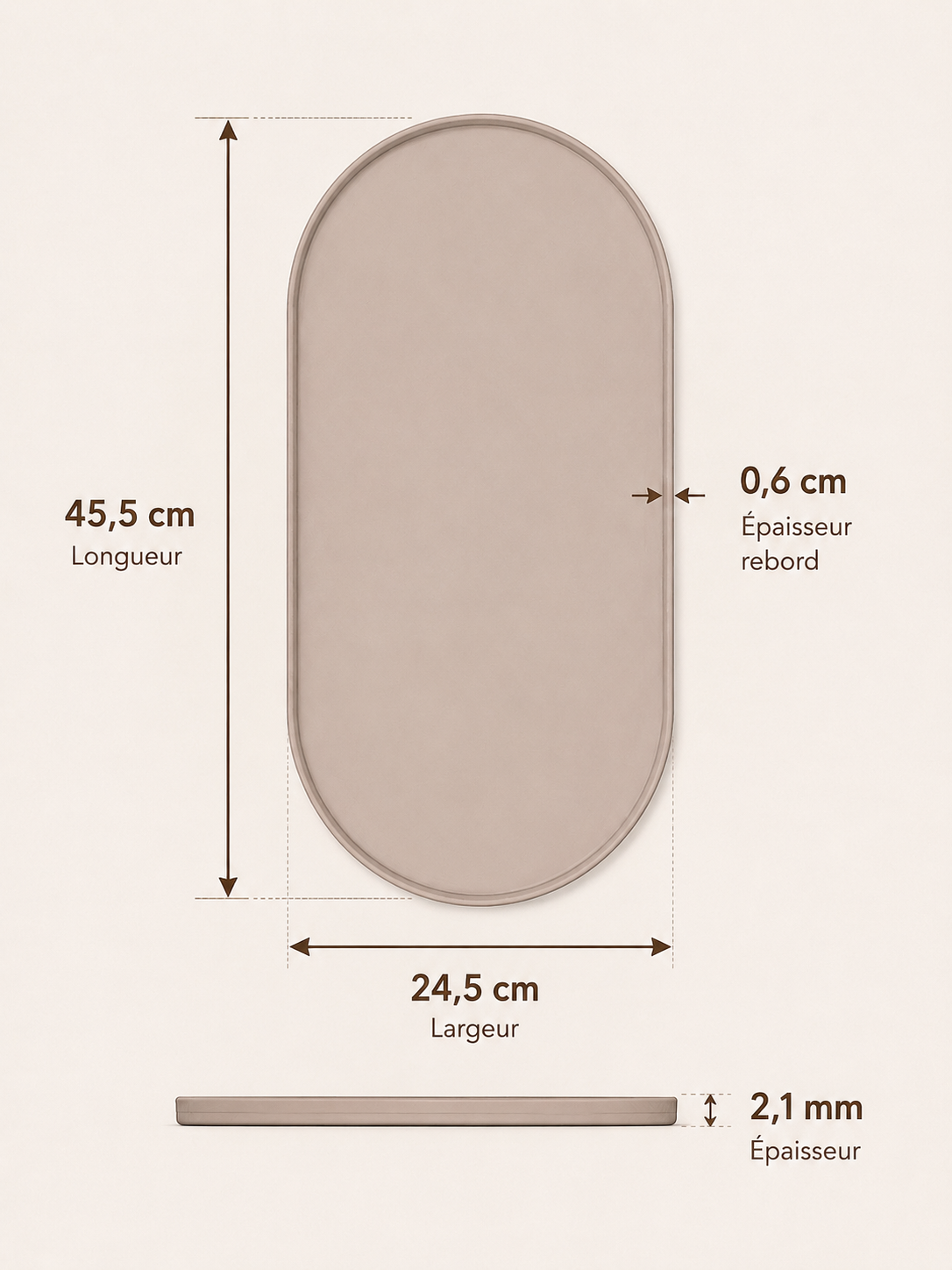 Croquis technique du tapis de gamelle AYOS beige taupe avec dimensions 45,5 × 24,5 cm et épaisseur de 2,1 mm.
