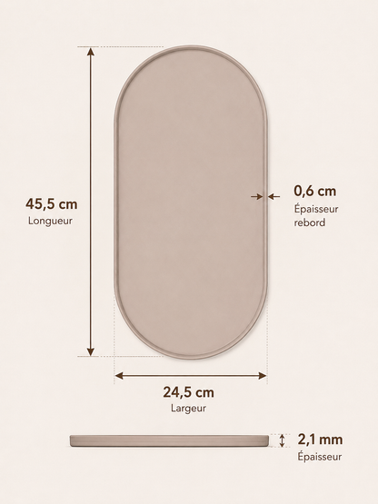 Croquis technique du tapis de gamelle AYOS beige taupe avec dimensions 45,5 × 24,5 cm et épaisseur de 2,1 mm.
