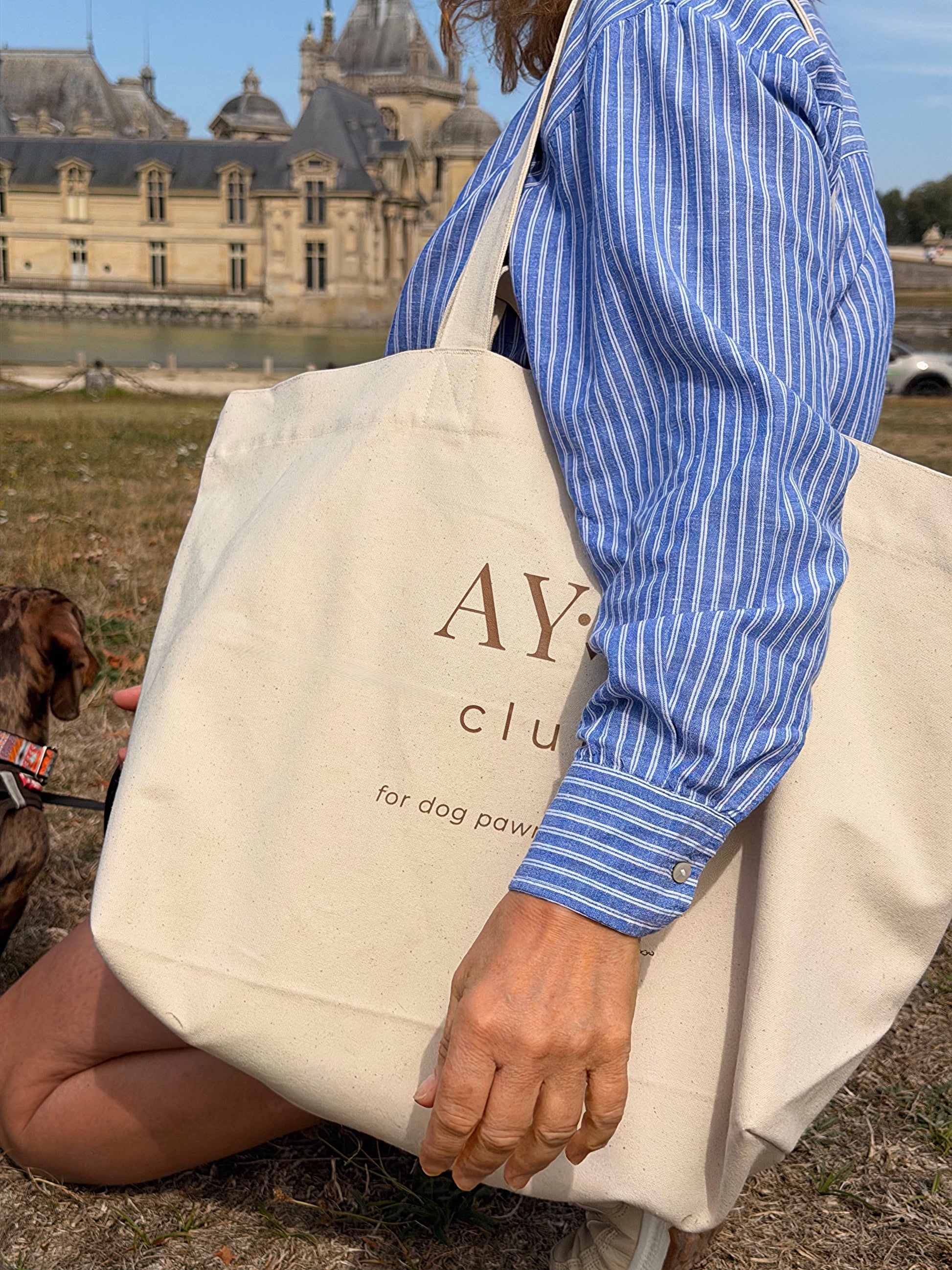 Sac Weekender AYOS Club écru porté à Paris lors d’une promenade avec un chien